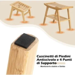 COSTWAY Set Sgabello Da Bagno Di Bambù, Sgabello Doccia Con Ripiano Sottostante E Poggiapiedi, Sedia Da Doccia Antiscivolo, Capacità Di Carico 150 Kg -Negozio al dettaglio VIDAXL || HOMCOM || Songmics 59206933 4