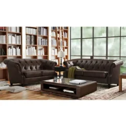 Divano 3+2 Posti Chesterfield In Microfibra Effetto Cuoio Invecchiato Marrone -AQUITAINE