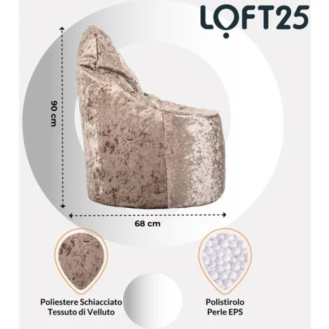 Loft 25 Pouf In Velluto Di Design Per Interni, Sedia Da Gioco Con Schienale Alto, Tartufo 2 Loft 25 Pouf In Velluto Di Design Per Interni, Sedia Da Gioco Con Schienale Alto, Tartufo - immagine 2