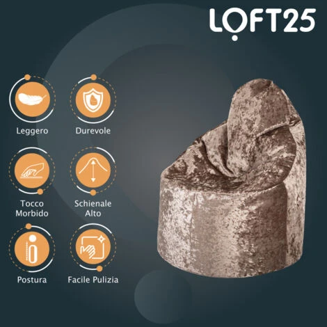 Loft 25 Pouf In Velluto Di Design Per Interni, Sedia Da Gioco Con Schienale Alto, Tartufo 3 Loft 25 Pouf In Velluto Di Design Per Interni, Sedia Da Gioco Con Schienale Alto, Tartufo - immagine 3