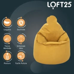 Loft 25 Sedia A Pouf Con Schienale Alto In Velluto Morbido Per Adulti, Pouf Da Gioco Per Interni Da Salotto, Curcuma -Negozio al dettaglio VIDAXL || HOMCOM || Songmics 60310743 3