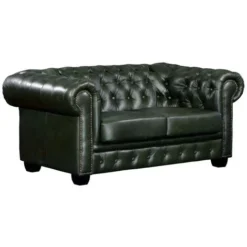 Divano Chesterfield A 2 Posti 100% Cuoio Di Bufalo Verde Imperiale - BRENTON
