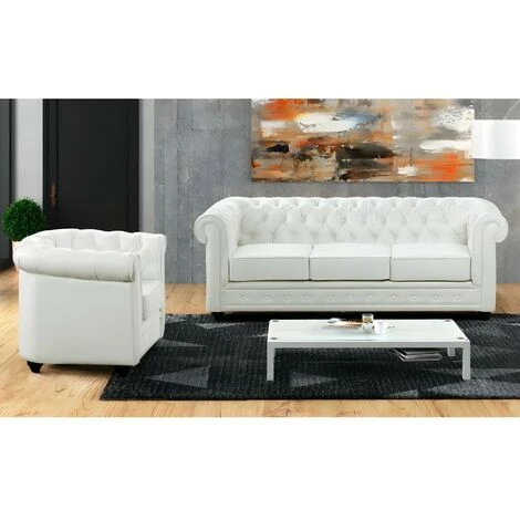 Divano CHESTERFIELD 3 Posti E Poltrona In Similpelle Bianco 2 Divano CHESTERFIELD 3 Posti E Poltrona In Similpelle Bianco - immagine 2