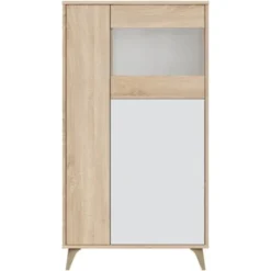Dmora Vetrina Atlanta, Vetrinetta Moderna A 3 Ante, Credenza Da Soggiorno O Salotto, Madia Alta Con Ripiani, Cm 77x33h142, Rovere E Bianco