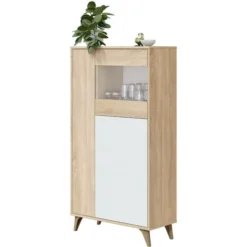 Dmora Vetrina Atlanta, Vetrinetta Moderna A 3 Ante, Credenza Da Soggiorno O Salotto, Madia Alta Con Ripiani, Cm 77x33h142, Rovere E Bianco -Negozio al dettaglio VIDAXL || HOMCOM || Songmics 63751615 5