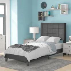 Letto Imbottito Letto In Tessuto In Lino, Giroletto Con Rete A Doghe E Testiera Imbottita, 90x200cm, Grigio -Negozio al dettaglio VIDAXL || HOMCOM || Songmics 63937920 3