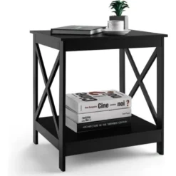 COSTWAY Comodino A 2 Livelli, Tavolino Moderno Con Design A X, Tavolino Multiuso In Legno Per Camera Da Letto, Salotto, 51 X 45 X 56,5cm (Nero)