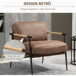 HOMCOM Poltroncina Imbottita Stile Industriale In Similpelle E Acciaio, 72x76x80cm, Marrone -Negozio al dettaglio VIDAXL || HOMCOM || Songmics 65820370 4
