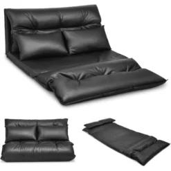 COSTWAY Divano Letto Da Terra In PU, Divano Da Pavimento In Ecopelle Regolabile Con 2 Cuscini, Con 5 Posizioni Reclinabili Per Leggere, Giocare E Rilassarsi, 227x110x13 Cm