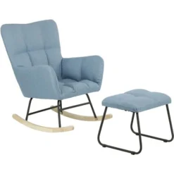 SET GOLFO Poltrona Poltroncina A Dondolo Con Sgabello Imbottito Colore Tessuto, Blu Jeans