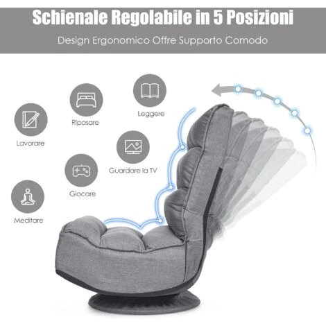 RELAX4LIFE Sedia Da Terra Reclinabile In 5 Posizioni, Poltrona Da Pavimento Con Base Girevole A 360°, Sedia Da Terra Con Schienale Pieghevole, Poltrona Imbottita Morbida (Grigio) 2 RELAX4LIFE Sedia Da Terra Reclinabile In 5 Posizioni, Poltrona Da Pavimento Con Base Girevole A 360°, Sedia Da Terra Con Schienale Pieghevole, Poltrona Imbottita Morbida (Grigio) - immagine 2