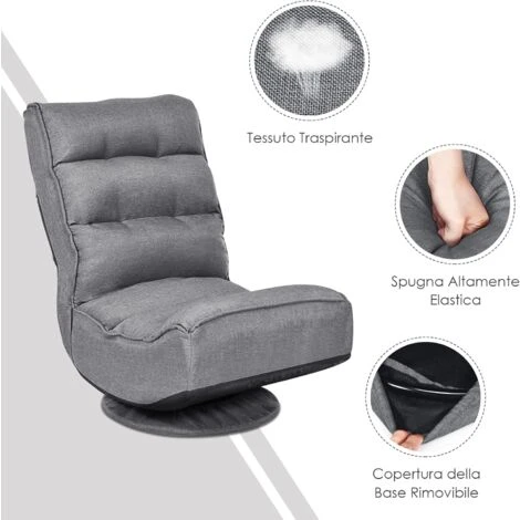 RELAX4LIFE Sedia Da Terra Reclinabile In 5 Posizioni, Poltrona Da Pavimento Con Base Girevole A 360°, Sedia Da Terra Con Schienale Pieghevole, Poltrona Imbottita Morbida (Grigio) 4 RELAX4LIFE Sedia Da Terra Reclinabile In 5 Posizioni, Poltrona Da Pavimento Con Base Girevole A 360°, Sedia Da Terra Con Schienale Pieghevole, Poltrona Imbottita Morbida (Grigio) - immagine 4