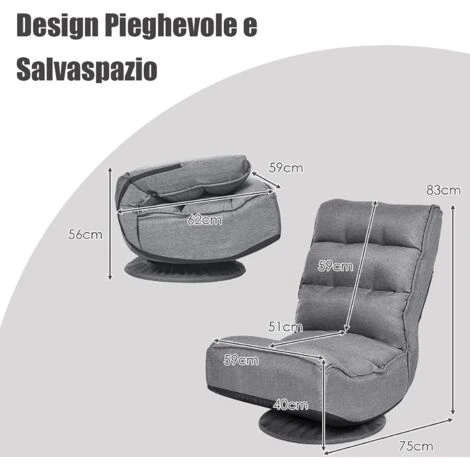 RELAX4LIFE Sedia Da Terra Reclinabile In 5 Posizioni, Poltrona Da Pavimento Con Base Girevole A 360°, Sedia Da Terra Con Schienale Pieghevole, Poltrona Imbottita Morbida (Grigio) 5 RELAX4LIFE Sedia Da Terra Reclinabile In 5 Posizioni, Poltrona Da Pavimento Con Base Girevole A 360°, Sedia Da Terra Con Schienale Pieghevole, Poltrona Imbottita Morbida (Grigio) - immagine 5