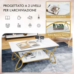 COSTWAY Tavolino Da Caffè In Finto Marmo, Tavolino Rettangolare A 2 Livelli Con Struttura In Metallo Rifinito In Oro, Tavolino Elegante E Moderno Per Soggiorno E Salotto, 100 X 50 X 45 Cm 7 COSTWAY Tavolino Da Caffè In Finto Marmo, Tavolino Rettangolare A 2 Livelli Con Struttura In Metallo Rifinito In Oro, Tavolino Elegante E Moderno Per Soggiorno E Salotto, 100 X 50 X 45 Cm -Negozio al dettaglio VIDAXL || HOMCOM || Songmics 70306040 3