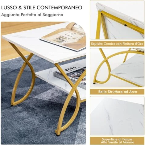 COSTWAY Tavolino Da Caffè In Finto Marmo, Tavolino Rettangolare A 2 Livelli Con Struttura In Metallo Rifinito In Oro, Tavolino Elegante E Moderno Per Soggiorno E Salotto, 100 X 50 X 45 Cm 4 COSTWAY Tavolino Da Caffè In Finto Marmo, Tavolino Rettangolare A 2 Livelli Con Struttura In Metallo Rifinito In Oro, Tavolino Elegante E Moderno Per Soggiorno E Salotto, 100 X 50 X 45 Cm - immagine 4