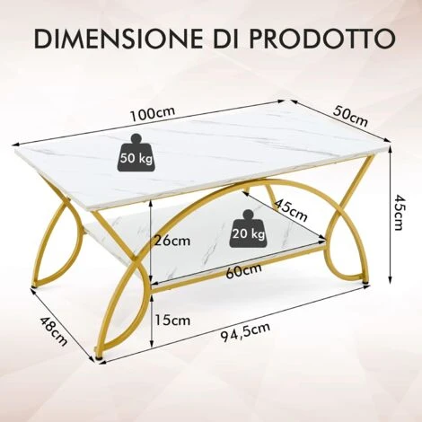 COSTWAY Tavolino Da Caffè In Finto Marmo, Tavolino Rettangolare A 2 Livelli Con Struttura In Metallo Rifinito In Oro, Tavolino Elegante E Moderno Per Soggiorno E Salotto, 100 X 50 X 45 Cm 5 COSTWAY Tavolino Da Caffè In Finto Marmo, Tavolino Rettangolare A 2 Livelli Con Struttura In Metallo Rifinito In Oro, Tavolino Elegante E Moderno Per Soggiorno E Salotto, 100 X 50 X 45 Cm - immagine 5