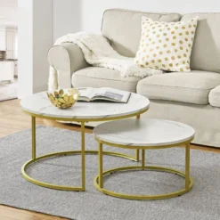 Set Da 2 Tavolini Da Salotto 'Christchurch' Tavolini Sovrapponibili Con Piano Rotondo - Effetto Marmo Bianco / Color Oro [en.casa]
