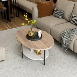 Tavolino Basso Da Caffè 'Fredericia' Con Telaio In Metallo Nero E 2 Piani Ovali - Bianco / Rovere [en.casa] -Negozio al dettaglio VIDAXL || HOMCOM || Songmics 71495912 5
