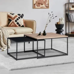 Set Di 2 Tavolini DENTON 60/70 In Metallo Nero E Legno, Design Industriale