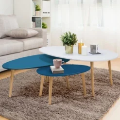 Set Di 3 Tavolini Da Salotto GIGI, Laccati Bianco/blu