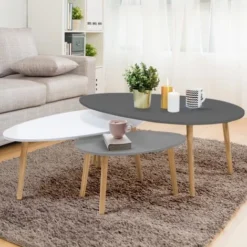 Set Di 3 Tavolini GIGI, Laccati Grigio Scuro/bianco/grigio Chiaro