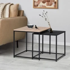 Set Di 2 Tavolini DENTON 40/45 In Metallo Nero E Legno Dal Design Industriale