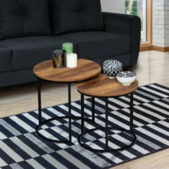 Set Di 2 Tavolini Rotondi DAYTON 40/45 Effetto Invecchiato Design Industriale