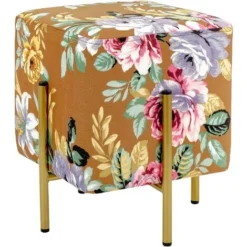 Baroni Home Pouf Poggiapiedi, Sgabello, Pouf In Velluto Imbottito Colore Fiori Base Cognac Misure 33x33x38 Cm