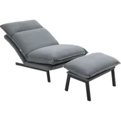 HOMCOM Poltrona Relax Reclinabile A 4 Livelli Con Pouf Poggiapiedi In Tessuto Grigio Chiaro