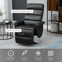 HOMCOM Poltrona Relax Reclinabile E Girevole Con Poggiapiedi Effetto Pelle, 75x92x105cm, Nero -Negozio al dettaglio VIDAXL || HOMCOM || Songmics 76993515 5