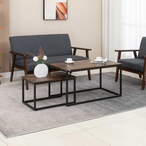 HOMCOM Set 2 Tavolini Da Caffè Impilabili In Stile Industriale In Legno E Acciaio, Marrone E Nero 2 HOMCOM Set 2 Tavolini Da Caffè Impilabili In Stile Industriale In Legno E Acciaio, Marrone E Nero - immagine 2