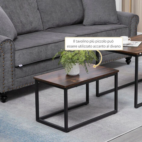 HOMCOM Set 2 Tavolini Da Caffè Impilabili In Stile Industriale In Legno E Acciaio, Marrone E Nero 5 HOMCOM Set 2 Tavolini Da Caffè Impilabili In Stile Industriale In Legno E Acciaio, Marrone E Nero - immagine 5