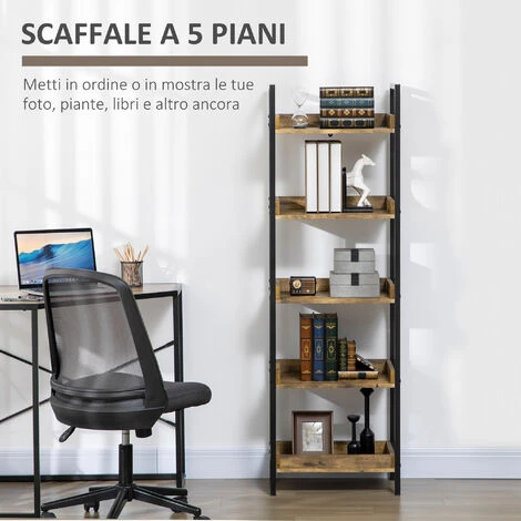 HOMCOM Libreria Stile Industriale A 5 Ripiani In Legno E Metallo, 48x30x155cm, Marrone Rustico 5 HOMCOM Libreria Stile Industriale A 5 Ripiani In Legno E Metallo, 48x30x155cm, Marrone Rustico - immagine 5