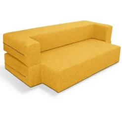 EVERGREENWEB Divano Letto 2 Posti Rivestimento Sfoderabile E Lavabile, Divano Design Trasformabile In Comodo Materasso Matrimoniale Con Kit Lenzuola E Piumino, 2 Cuscini Omaggio SENAPE | TETRIS