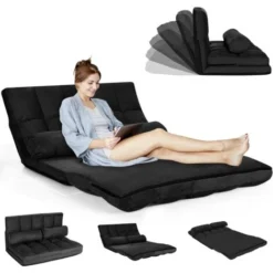 RELAX4LIFE Divano 2 Posti Trasformabile In Letto Con 2 Cuscini Da Pavimento, Design Pieghevole E Salvaspazio E Schienale Regolabile In 6 Livelli (Nero)