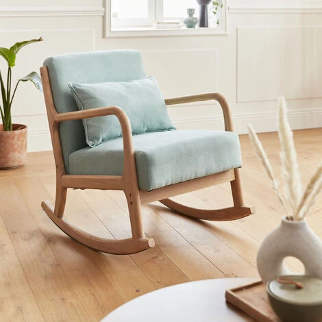 Sedia A Dondolo Di Design In Legno E Tessuto, 1 Posto, Sedia A Dondolo Scandinava, Verde Acqua 1 Sedia A Dondolo Di Design In Legno E Tessuto, 1 Posto, Sedia A Dondolo Scandinava, Verde Acqua