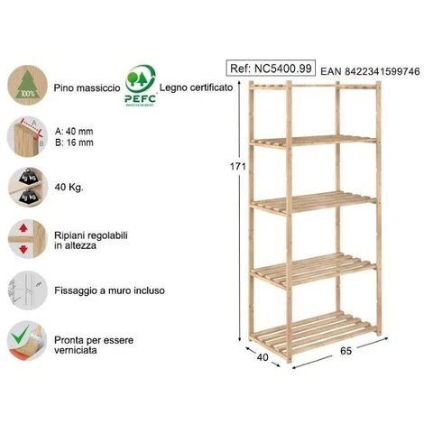 SCAFFALE IN LEGNO DI PINO NATURALE 5 RIPIANI 65X40X171H 2 SCAFFALE IN LEGNO DI PINO NATURALE 5 RIPIANI 65X40X171H - immagine 2