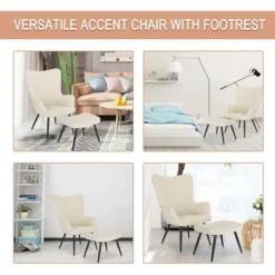 WOLTU Poltrona Imbottita Con Pouf Poggiapiedi Sedia Poltroncina Relax In Velluto Crema -Negozio al dettaglio VIDAXL || HOMCOM || Songmics 80879653 4