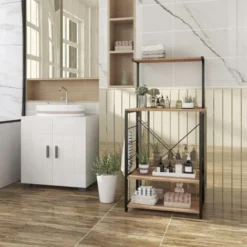 WOLTU Scaffale Per Cucina In Acciaio Legno 4 Ripiani Ganci Carrello Microonde Legno+Nero -Negozio al dettaglio VIDAXL || HOMCOM || Songmics 80879725 4