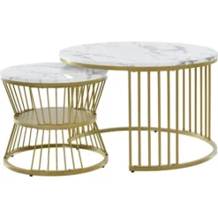 Set 2 Tavolini Da Salotto Rotondi Tavolino Da Caffè Impiallacciatura In Marmo Per Soggiorno E Camera Da Letto Bianco -Negozio al dettaglio VIDAXL || HOMCOM || Songmics 81608862 4