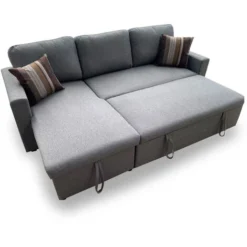 Divano Letto 3 Posti Con Penisola Grigio Rivestimento Tessuto 4 Cuscini Inclusi