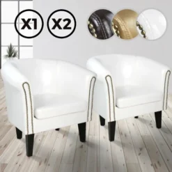 Poltrona Chesterfield - Set Da 2, Imbottita, In Similpelle E Legno, Borchie Decorative In Rame, Bianco - Sedia, Poltrona Da Salo