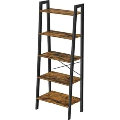 Nova Scaffale A Scala Libreria A 5 Ripiani Struttura In Metallo Nero E Marrone Scuro
