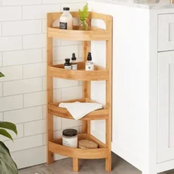 Angoliera In Bambù A 4 Ripiani Scaffale Libreria Angolo Salvaspazio 26x26x90cm