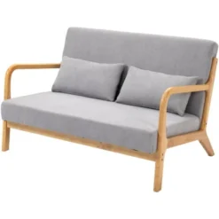 HOMCOM Divano 2 Posti Moderno In Legno Con Cuscini, Seduta Imbottita E Tessuto Effetto Velluto, 122x71x76 Cm, Grigio