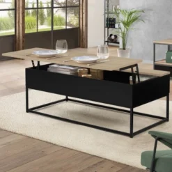 Tavolino Nero Con Piano In Legno Stile Faggio, Design Industriale BOSTON