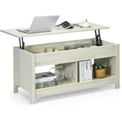 COSTWAY Tavolino Salotto Sollevabile, Tavolino Da Caffè Basso Con Scompartimenti Nascosti E Mensole, Tavolino Moderno Per Soggiorno, Salone E Studio, 109 X 47,5 X 50-63 Cm (Bianco)