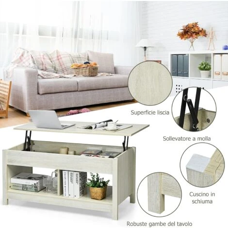 COSTWAY Tavolino Salotto Sollevabile, Tavolino Da Caffè Basso Con Scompartimenti Nascosti E Mensole, Tavolino Moderno Per Soggiorno, Salone E Studio, 109 X 47,5 X 50-63 Cm (Bianco) 2 COSTWAY Tavolino Salotto Sollevabile, Tavolino Da Caffè Basso Con Scompartimenti Nascosti E Mensole, Tavolino Moderno Per Soggiorno, Salone E Studio, 109 X 47,5 X 50-63 Cm (Bianco) - immagine 2