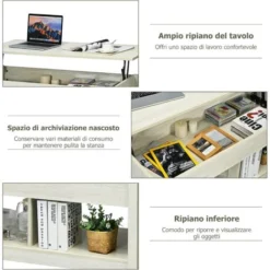 COSTWAY Tavolino Salotto Sollevabile, Tavolino Da Caffè Basso Con Scompartimenti Nascosti E Mensole, Tavolino Moderno Per Soggiorno, Salone E Studio, 109 X 47,5 X 50-63 Cm (Bianco) 8 COSTWAY Tavolino Salotto Sollevabile, Tavolino Da Caffè Basso Con Scompartimenti Nascosti E Mensole, Tavolino Moderno Per Soggiorno, Salone E Studio, 109 X 47,5 X 50-63 Cm (Bianco) -Negozio al dettaglio VIDAXL || HOMCOM || Songmics 88188019 4