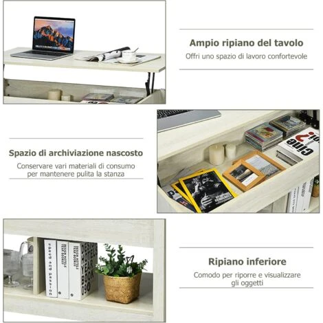 COSTWAY Tavolino Salotto Sollevabile, Tavolino Da Caffè Basso Con Scompartimenti Nascosti E Mensole, Tavolino Moderno Per Soggiorno, Salone E Studio, 109 X 47,5 X 50-63 Cm (Bianco) 4 COSTWAY Tavolino Salotto Sollevabile, Tavolino Da Caffè Basso Con Scompartimenti Nascosti E Mensole, Tavolino Moderno Per Soggiorno, Salone E Studio, 109 X 47,5 X 50-63 Cm (Bianco) - immagine 4